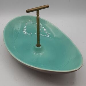 Vintage USA Pottery Aqua Blue and Brown Candy Nut Dish Handle Tear Shape
